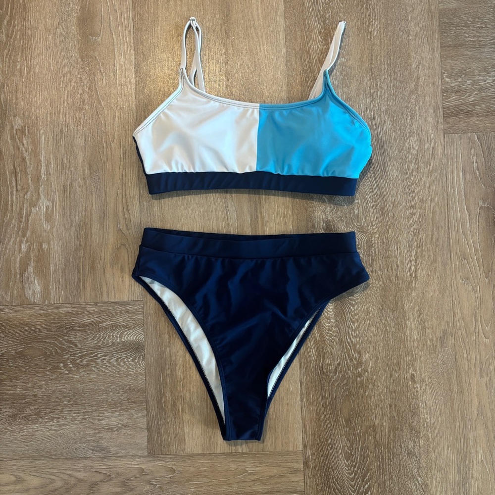 High Waist Cheeky Navy and Light Blue Bikini Size L